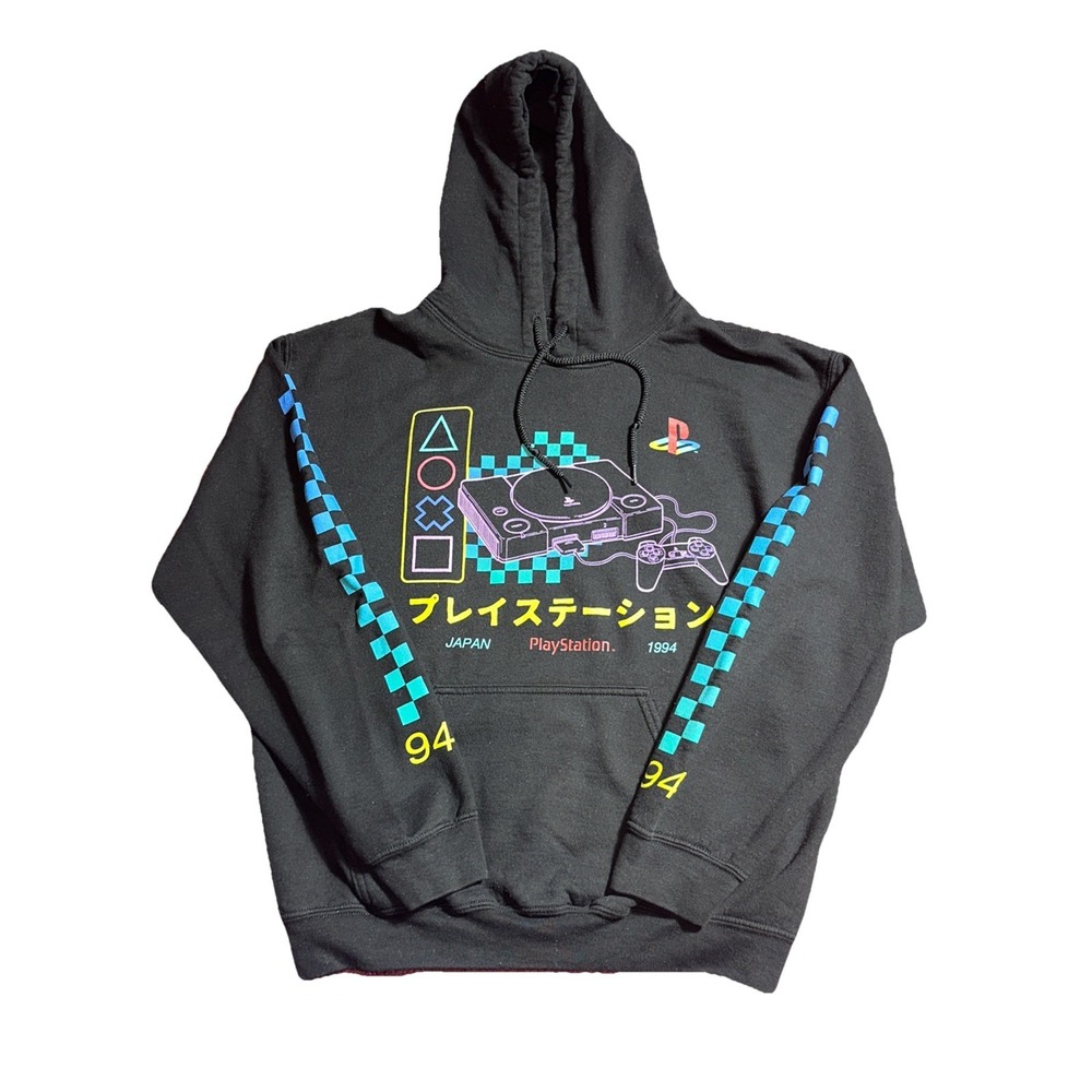 PLAYSTATION Hoodie Sweatshirt Men M Black Colorful Retro Japan 1994 Gamer Hoodie